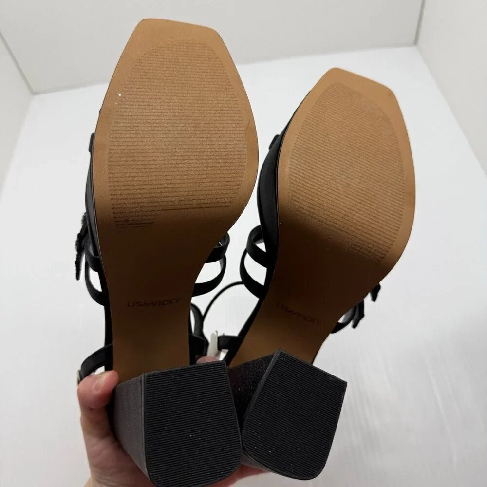 Lisa Vicky Babe-V Heels 9.5 Black Satin Strappy Platform Sandals Chunky Heel NIB